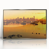 Acrylic print of Melbourne skyline in silver frame, featuring art deco style, ideal for modern art wall decor.