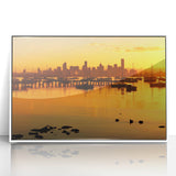 Acrylic print of Melbourne skyline in muted gray and blue tones, framed in white, suitable for modern art wall decor.