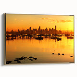 Framed canvas of Melbourne landscape with vintage poster art style, featuring a colorful palette, ideal for office decor.