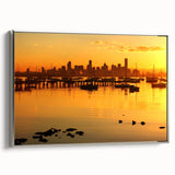 Vintage poster art of Melbourne scenery on a large framed canvas with colorful details, ideal for living room decor.