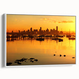 Framed canvas of a Melbourne landscape in black and white tones, ideal for bedroom wall art.