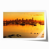 Extra large rolled print of Melbourne skyline with muted blue and gray tones, suitable for dining room wall art.