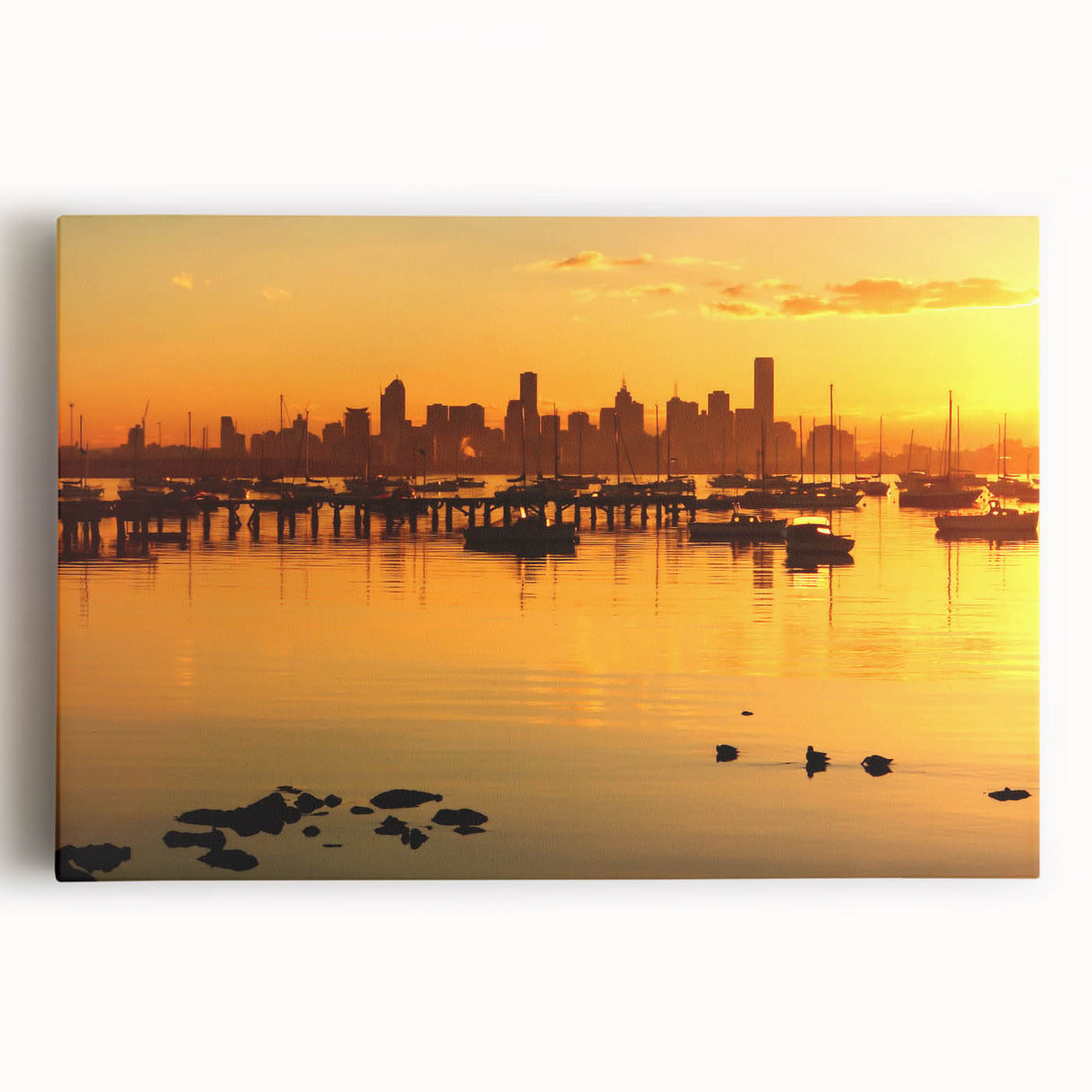 Black and white panoramic view of Melbourne on stretched canvas, ideal for kitchen wall art.
