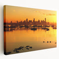 Panoramic view of Melbourne skyline on stretched canvas, featuring muted blue and gray tones, suitable for kitchen wall art.