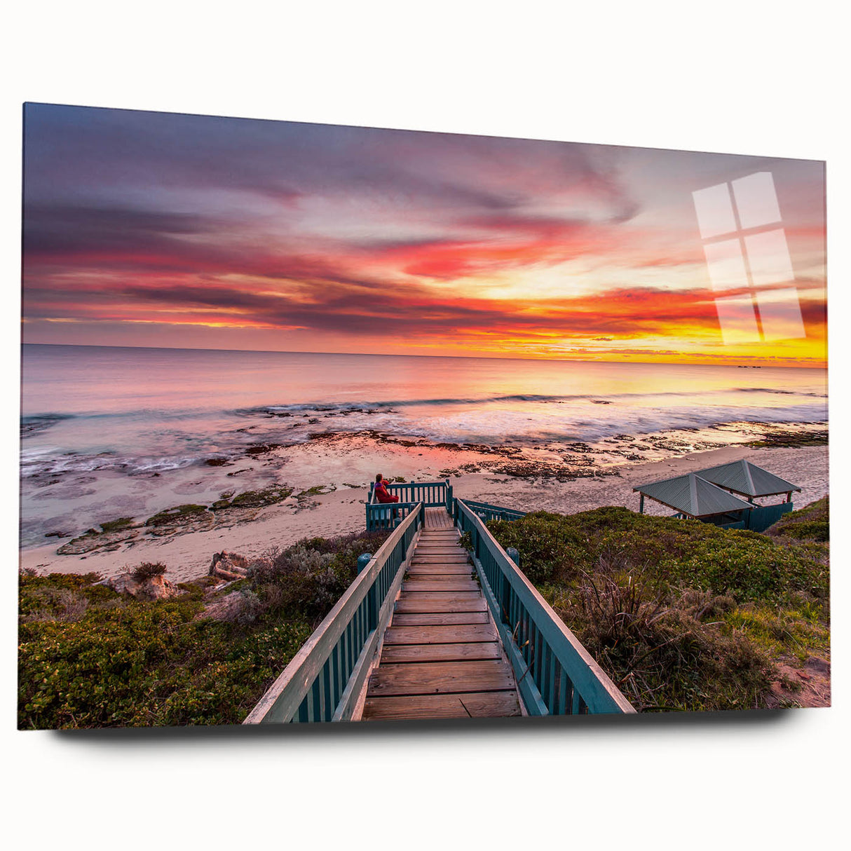 Large abstract wall art of Perth skyline in muted gray and blue tones on acrylic glass.