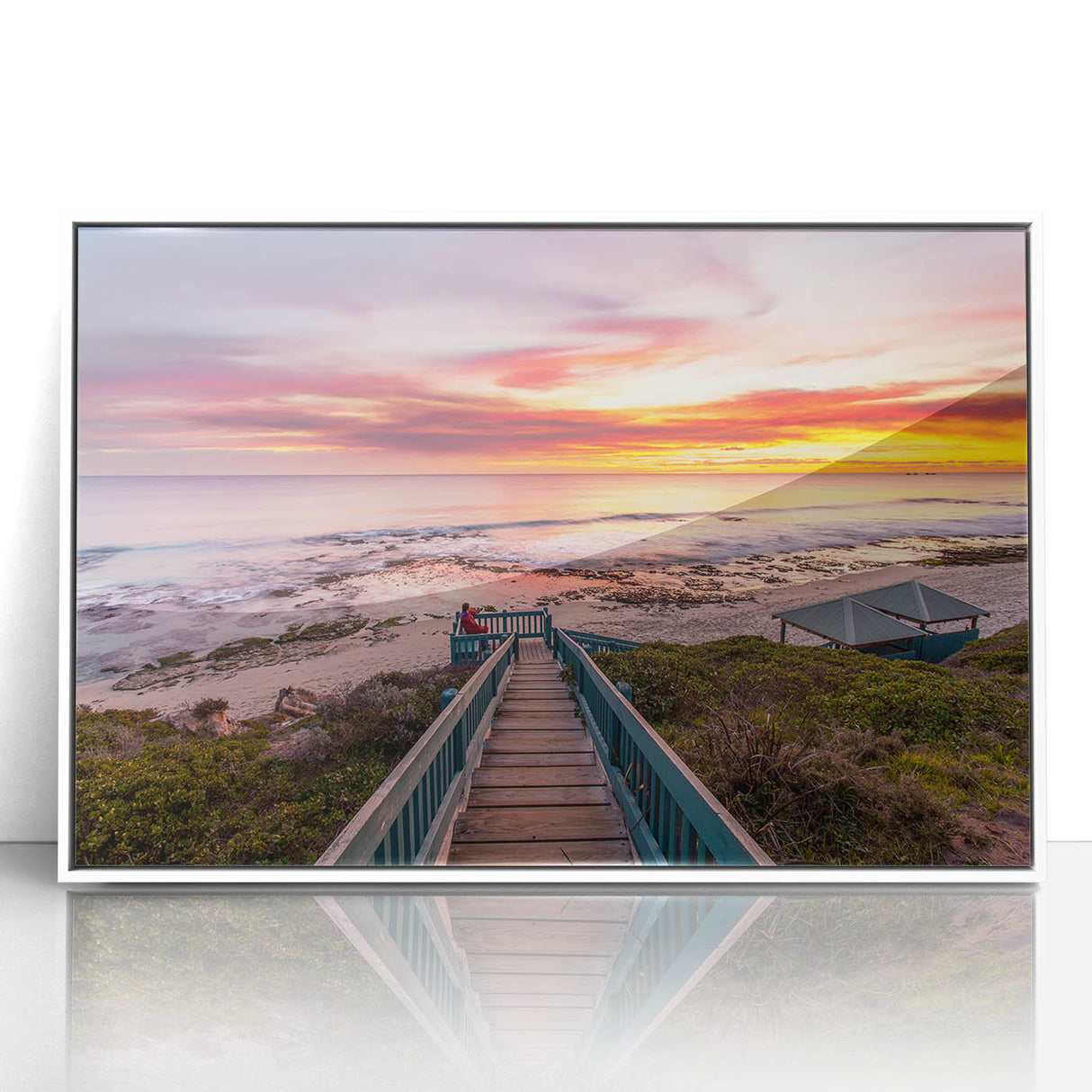 Framed acrylic print of Perth, Australia skyline in muted gray and blue tones, ideal for modern art wall decor.