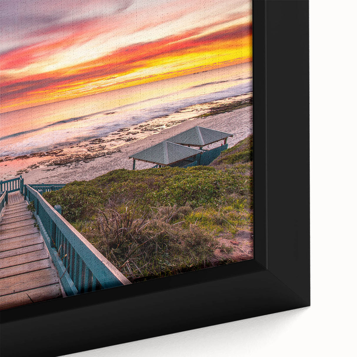 Close-up of textured black wall art depicting the Perth skyline on a framed canvas, featuring colorful accents.