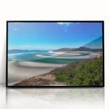 Large abstract wall art depicting the Queensland scenery, in muted earth tones, framed in black acrylic.