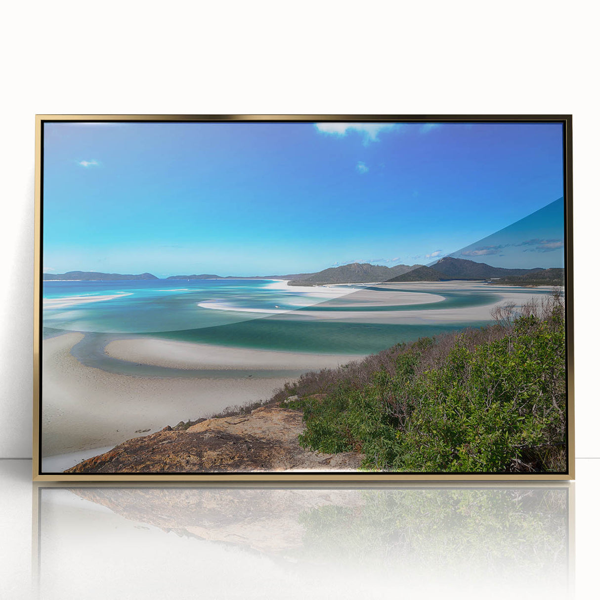 Mid-century modernist art depicting Queensland scenery in gold tones on a framed acrylic, suitable for modern art wall decor.