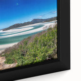 Close-up of a black wall art canvas featuring a textured, colorful Queensland scenery, ideal for living room decor.