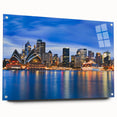 Acrylic print of Sydney skyline in muted blue tones, ideal for bedroom or dining room decor.