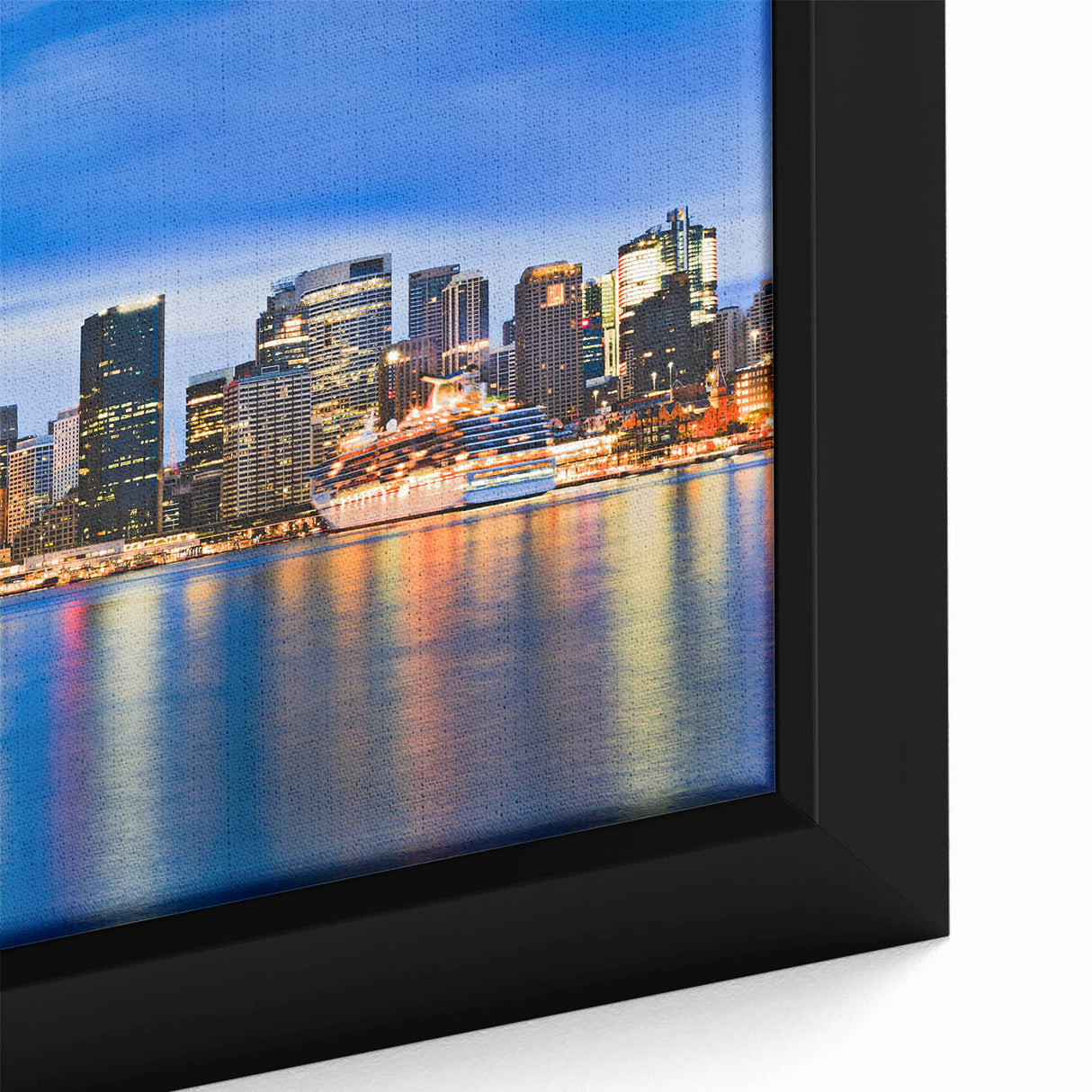 Extra large framed canvas featuring a textured depiction of the Sydney skyline in black with colorful accents.