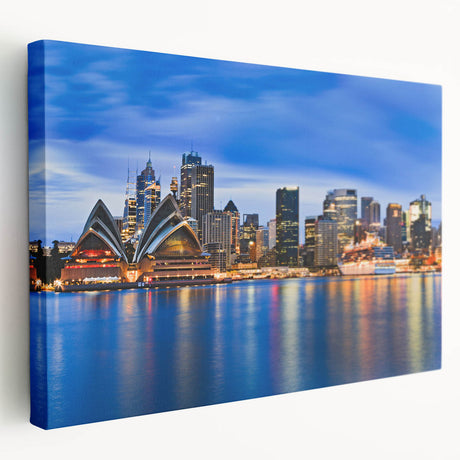 A panoramic Sydney skyline image on stretched canvas, featuring vivid blue and white tones, suitable for kitchen wall art.