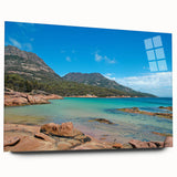 Large abstract depiction of Tasmania scenery in vibrant blues and greens on acrylic glass.