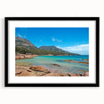 Extra large abstract art print of colorful, textured scenery depicting Tasmania, in a black frame with mat.