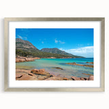 Abstract art print of Tasmania landscape in muted earth tones on a framed canvas, suitable for dining room decor.