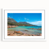 Extra large abstract art print of a Tasmanian landscape in muted earth tones on a framed canvas, ideal for living room decor.