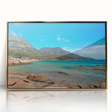 Framed acrylic print of a Tasmanian landscape in art deco style, featuring muted earth tones.