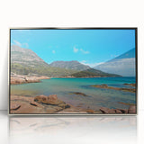 Mid-century modernist style large art print of a Tasmanian landscape in silver framed acrylic.