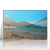 Mid-century modernist art depicting a serene Tasmania landscape in cool blue tones on a framed acrylic.