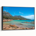 Black and white framed canvas of a Tasmanian landscape, ideal for bedroom wall art.