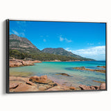 Black and white framed canvas of a Tasmanian landscape, ideal for bedroom wall art.