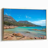 Vintage poster art of Tasmania scenery on framed canvas, featuring colorful art in extra large size, ideal for living room.