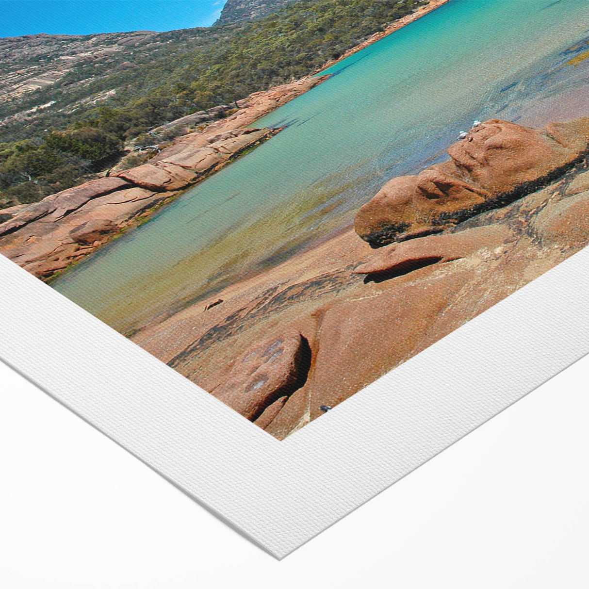 Art deco poster depicting Tasmania scenery in muted earth tones on rolled canvas, suitable for dining room wall art.