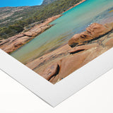 Art deco poster depicting Tasmania scenery in muted earth tones on rolled canvas, suitable for dining room wall art.