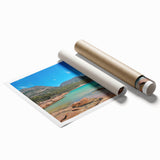 Rolled print of Tasmanian scenery with vibrant green and blue hues, ideal for classy bathroom wall art.