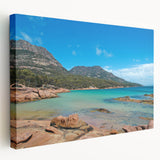Scenic Tasmania landscape on large stretched canvas, featuring serene blue and green tones, ideal for kitchen wall art.