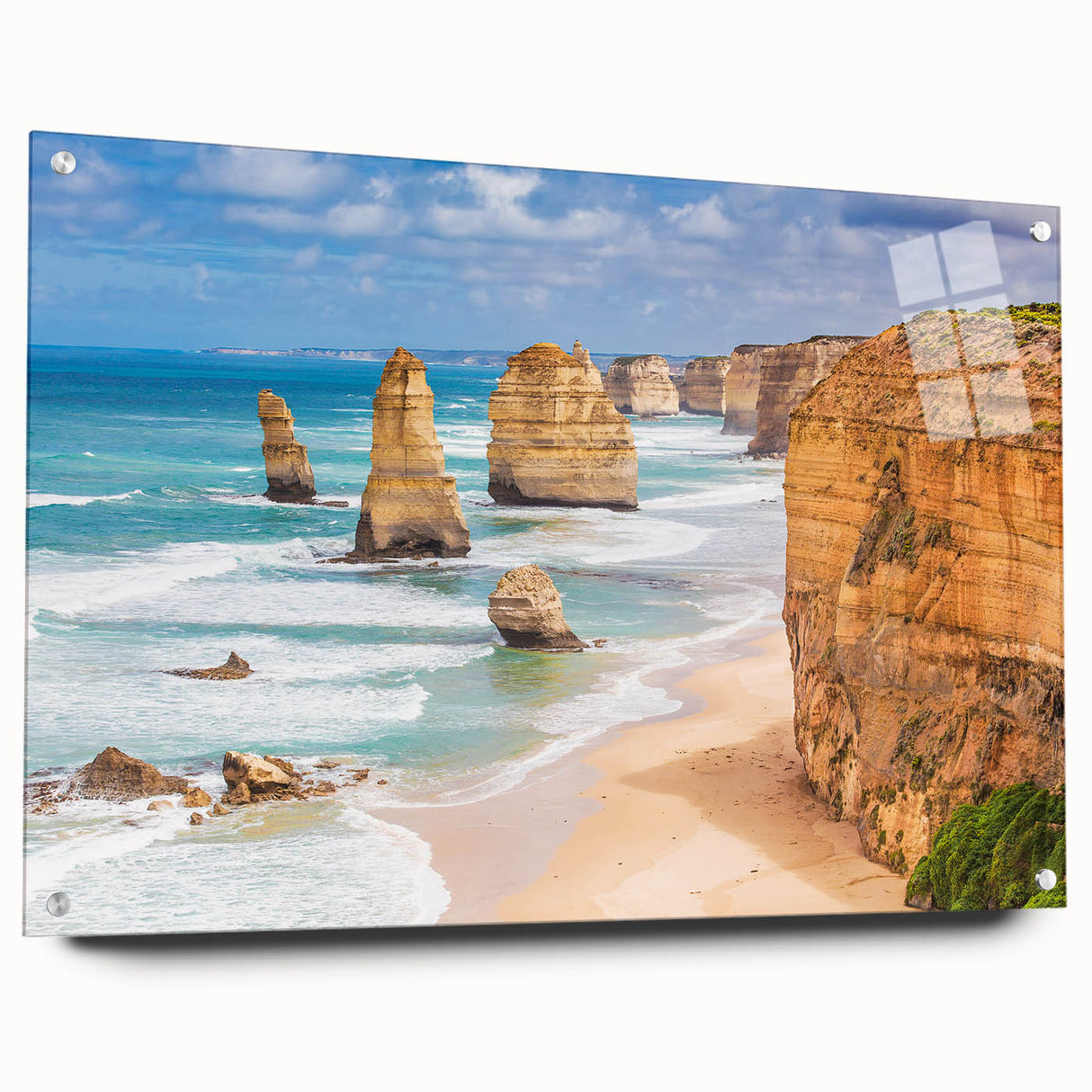 Large abstract wall art depicting a serene Australian landscape in muted earth tones on acrylic glass.