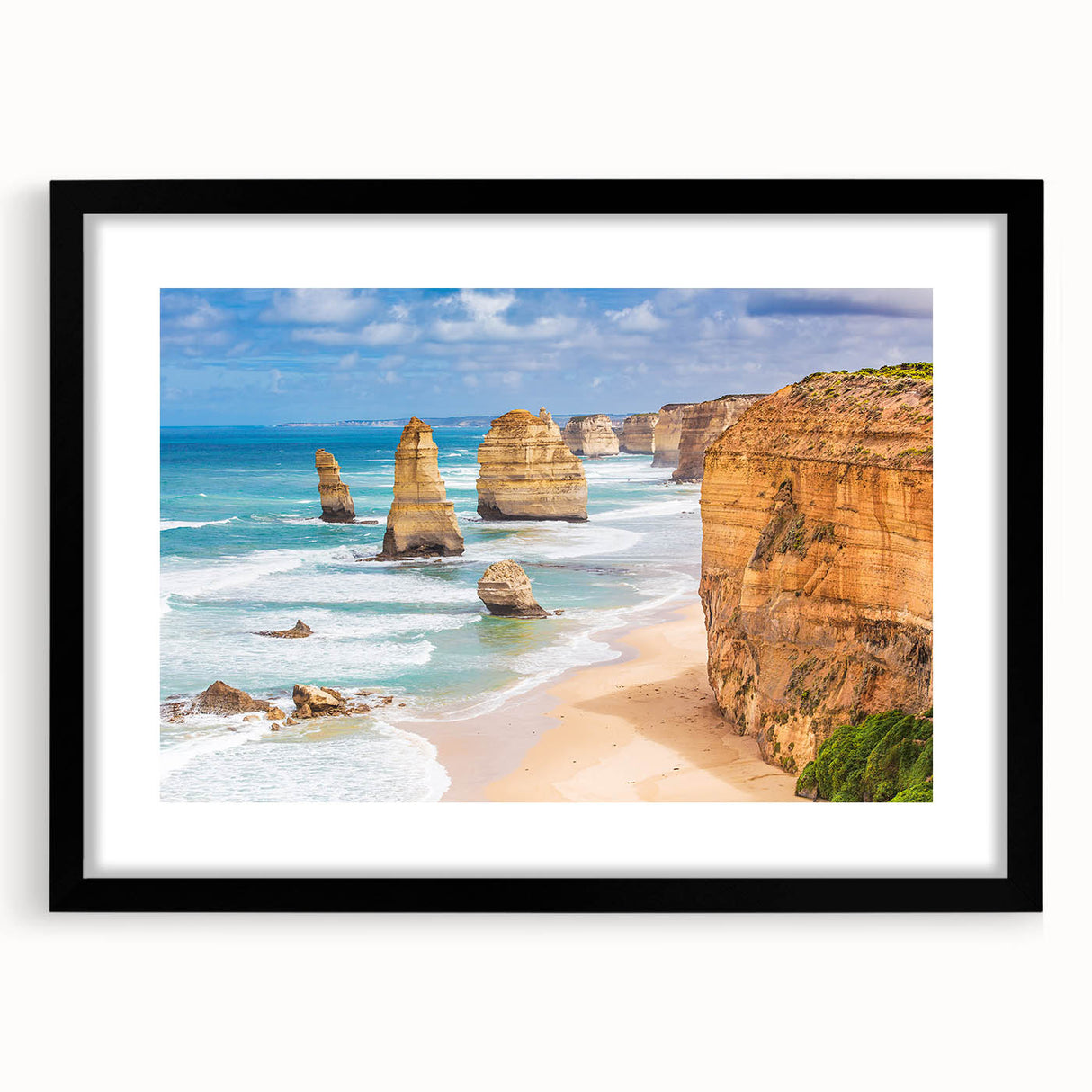 Extra large abstract art print of a colorful Australian landscape, textured appearance, framed with black mat.