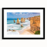 Extra large abstract art print of a colorful Australian landscape, textured appearance, framed with black mat.