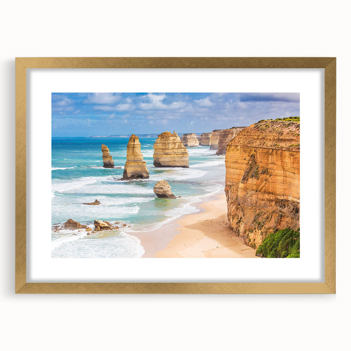 Abstract art print of Australian scenery in muted earth tones, framed in gold, suitable for bedroom or dining room decor.