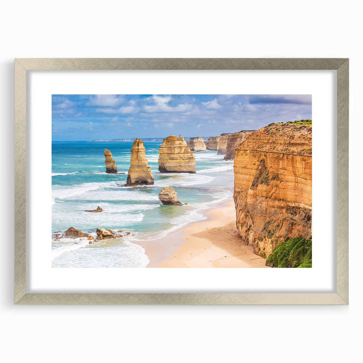 Extra large wall art featuring an abstract textured print of Australian scenery in silver frame, ideal for living room decor.