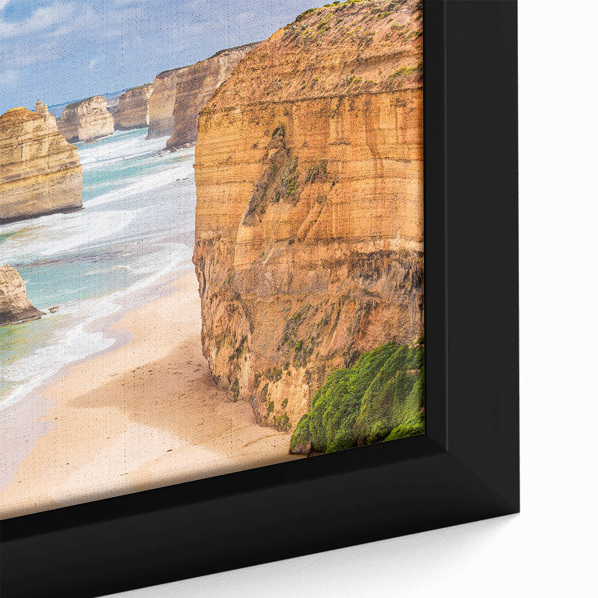 Extra large framed canvas featuring a textured depiction of the Australian scenery in black with colorful accents.