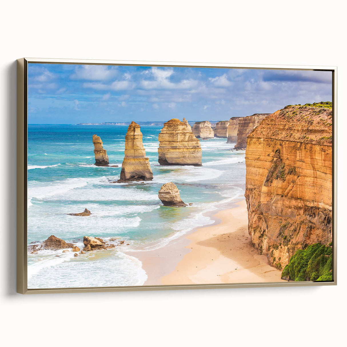 Landscape painting of Australian scenery on a framed canvas, featuring golden hues, ideal for bedroom wall decor.