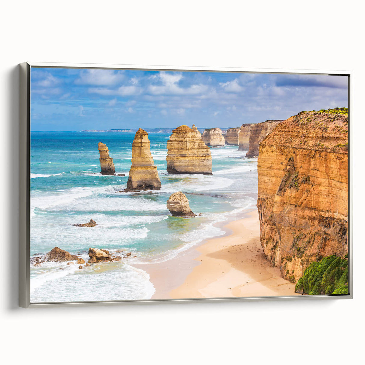 Framed canvas featuring a vintage-style landscape painting of the Australian scenery in muted earth tones.
