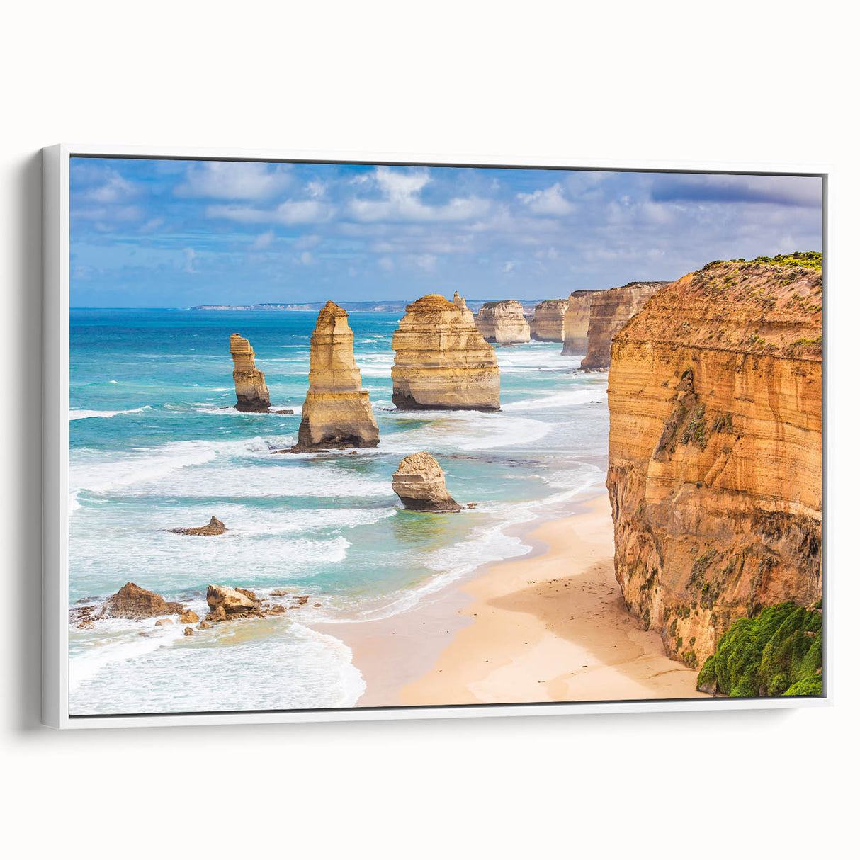 Vintage poster art of Australian scenery on extra large framed canvas, featuring vibrant colors against a black background.