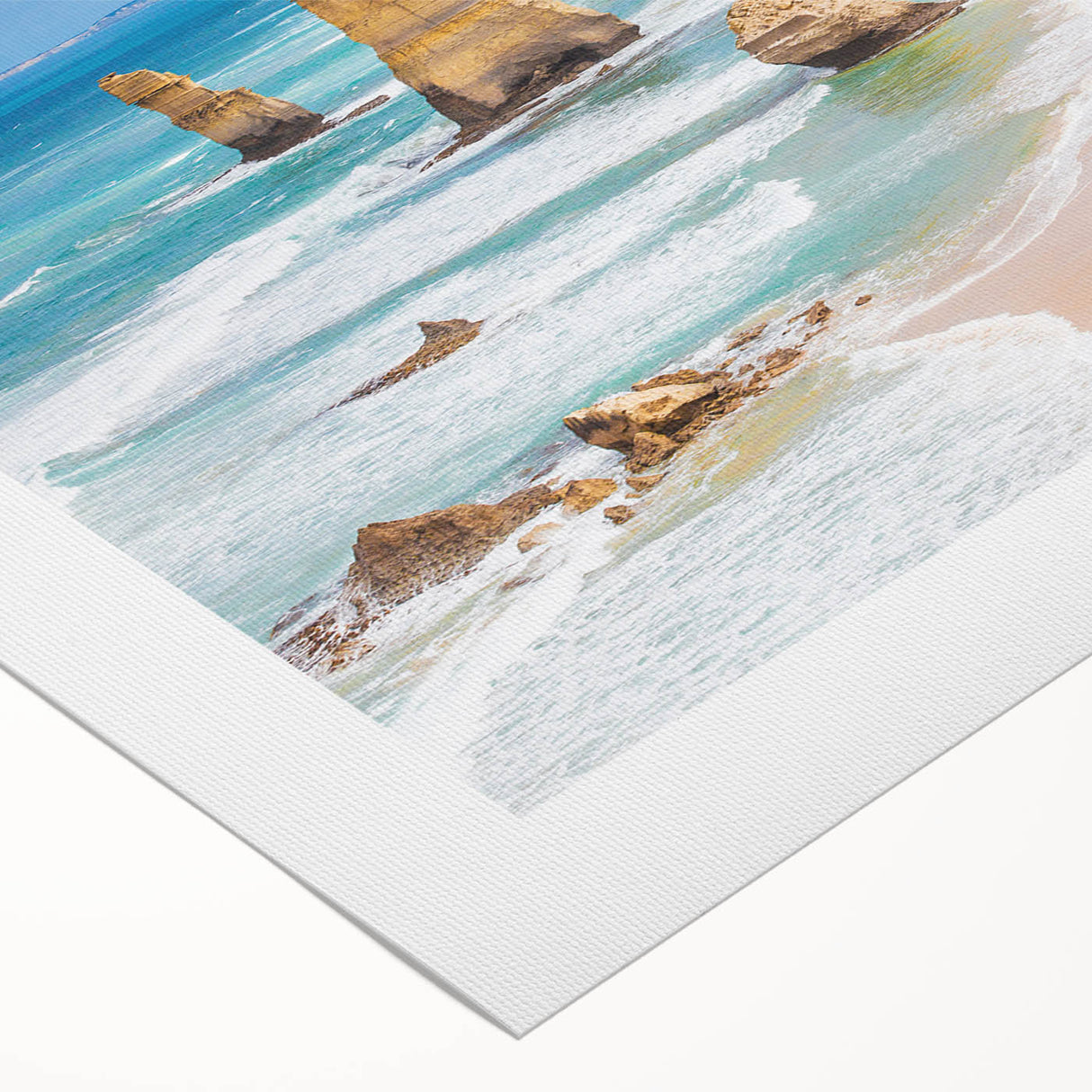 Art deco poster featuring a stylized Australian landscape in muted earth tones on rolled canvas.