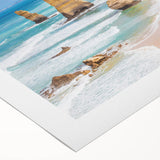 Art deco poster featuring a stylized Australian landscape in muted earth tones on rolled canvas.
