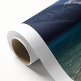 Art deco poster of Alberta scenery in muted green and blue tones on rolled canvas, ideal for nursery wall art.