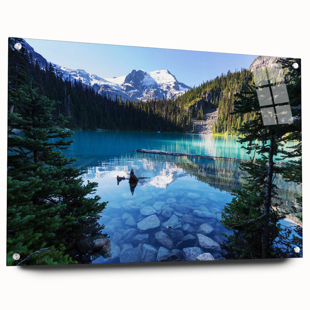Acrylic print of British Columbia scenery, featuring lush greens and blues, ideal for dining room decor.