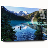 Acrylic print of British Columbia scenery, featuring lush greens and blues, ideal for dining room decor.