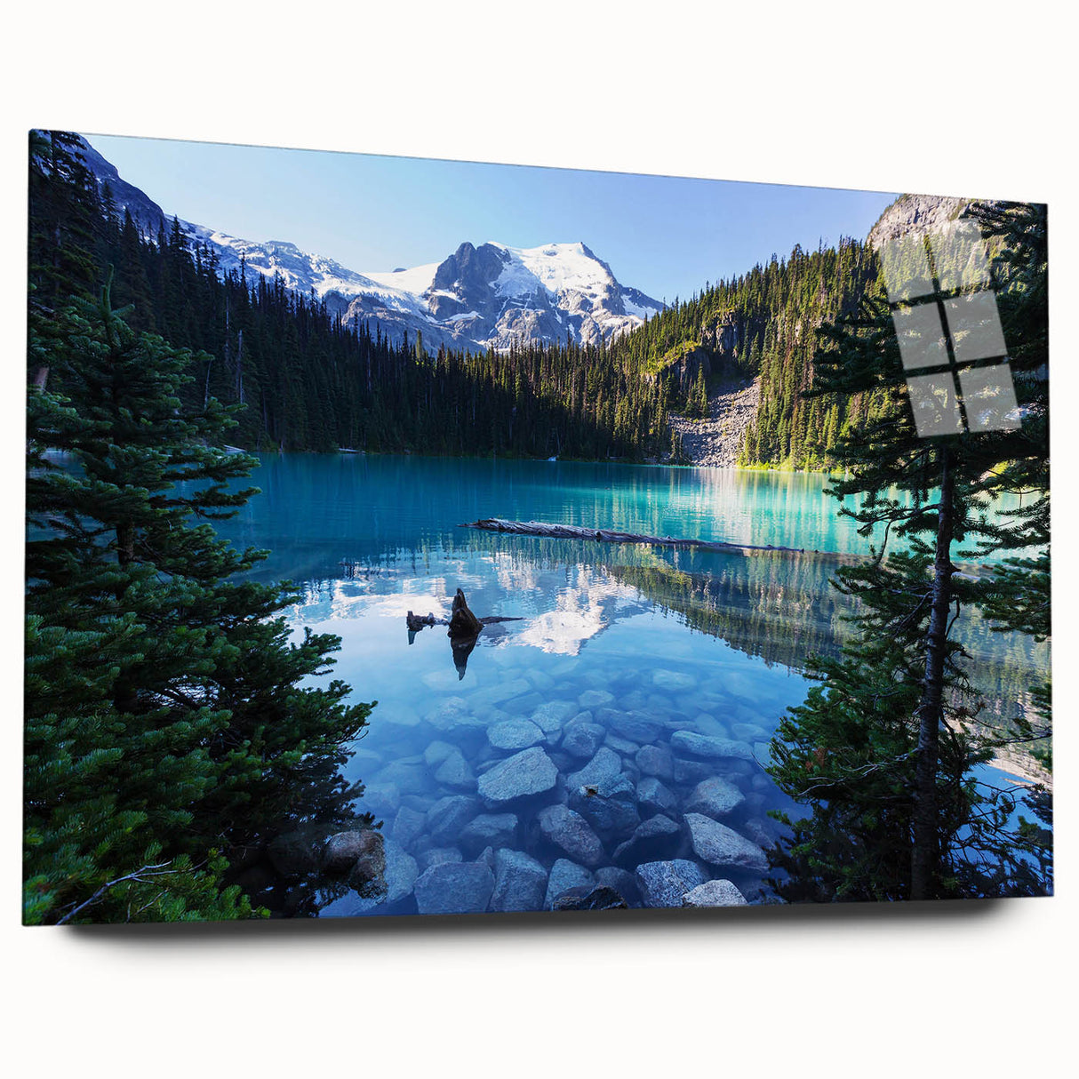 Acrylic print of a serene British Columbia landscape in cool blue and green tones, suitable for bedroom or dining room decor.
