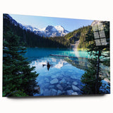 Acrylic print of a serene British Columbia landscape in cool blue and green tones, suitable for bedroom or dining room decor.