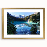 Extra large abstract art print of British Columbia scenery in muted earth tones on a gold-framed canvas.