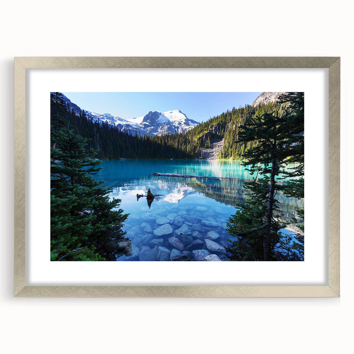 Textured abstract art print depicting a serene British Columbia landscape in muted earth tones, framed with a silver mat.