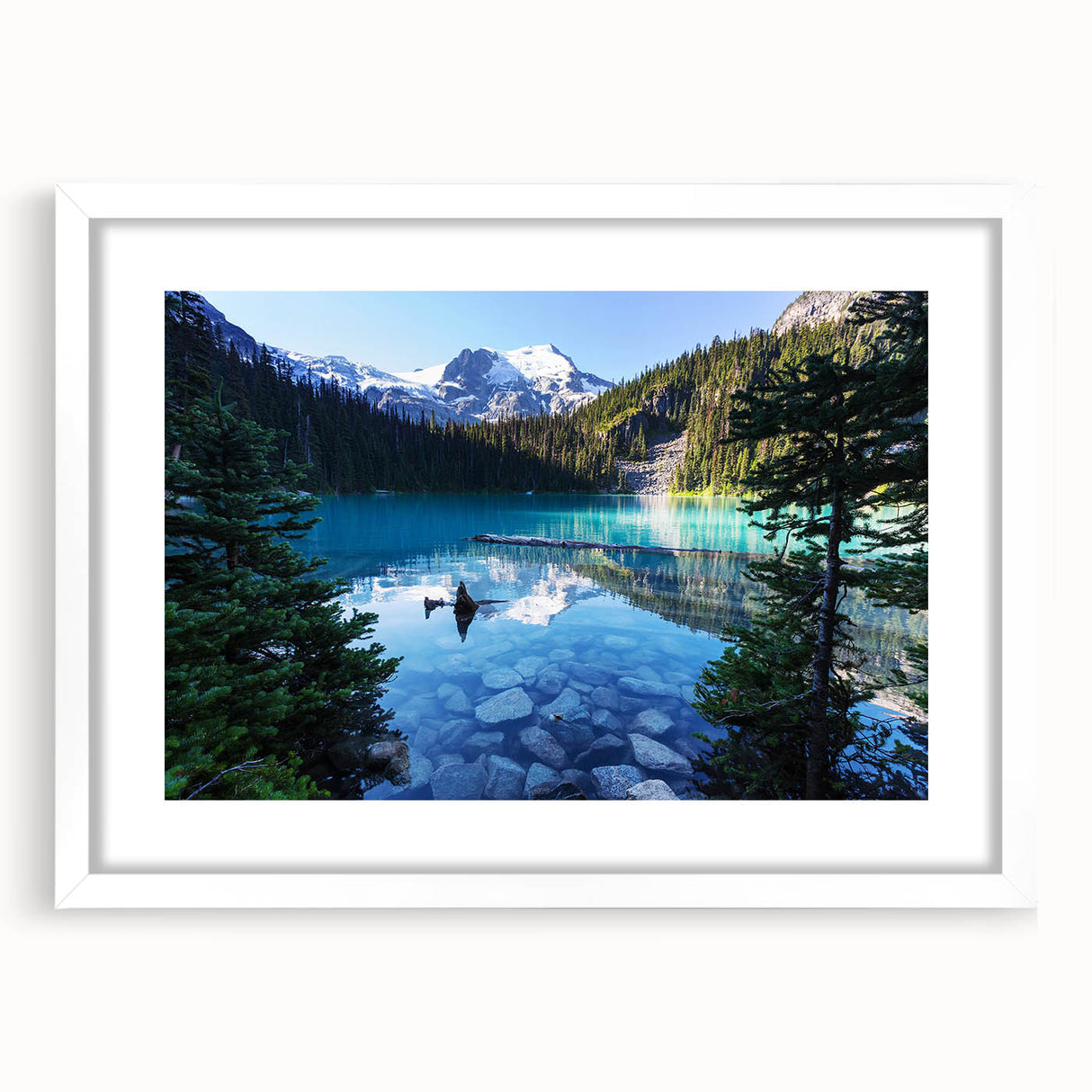 Abstract art print of British Columbia scenery in muted green and blue, framed with a white mat.